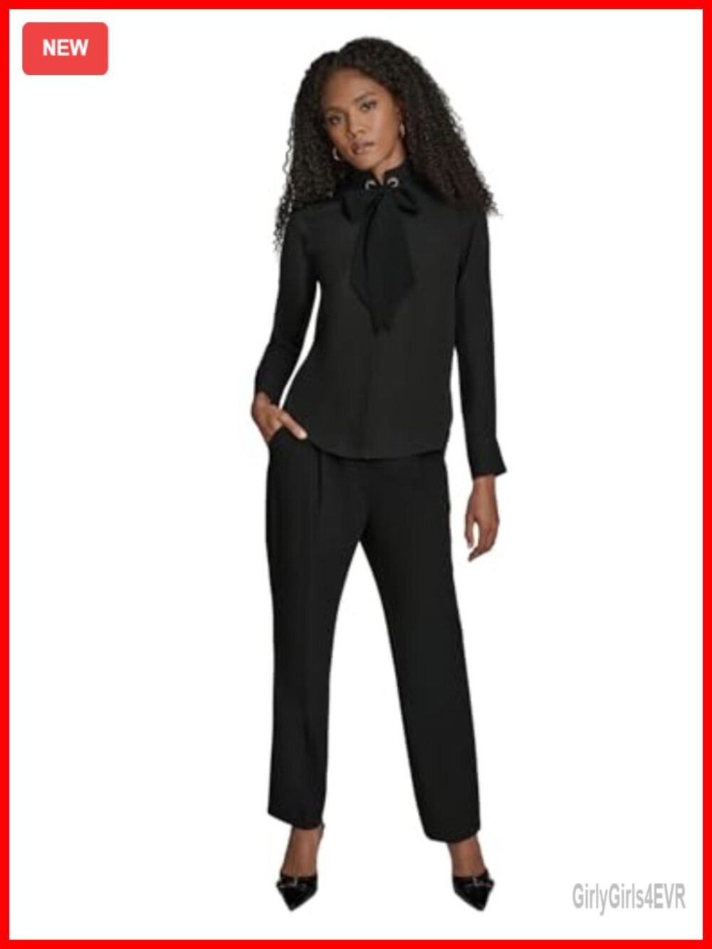 Long Sleeve Tie Neck Mixed Media Woven Blouse